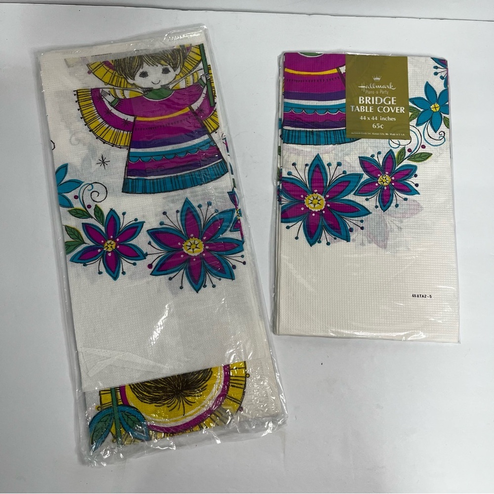 vintage hallmark paper tablecloths peacock angel teal‎ purple kitschy christmas